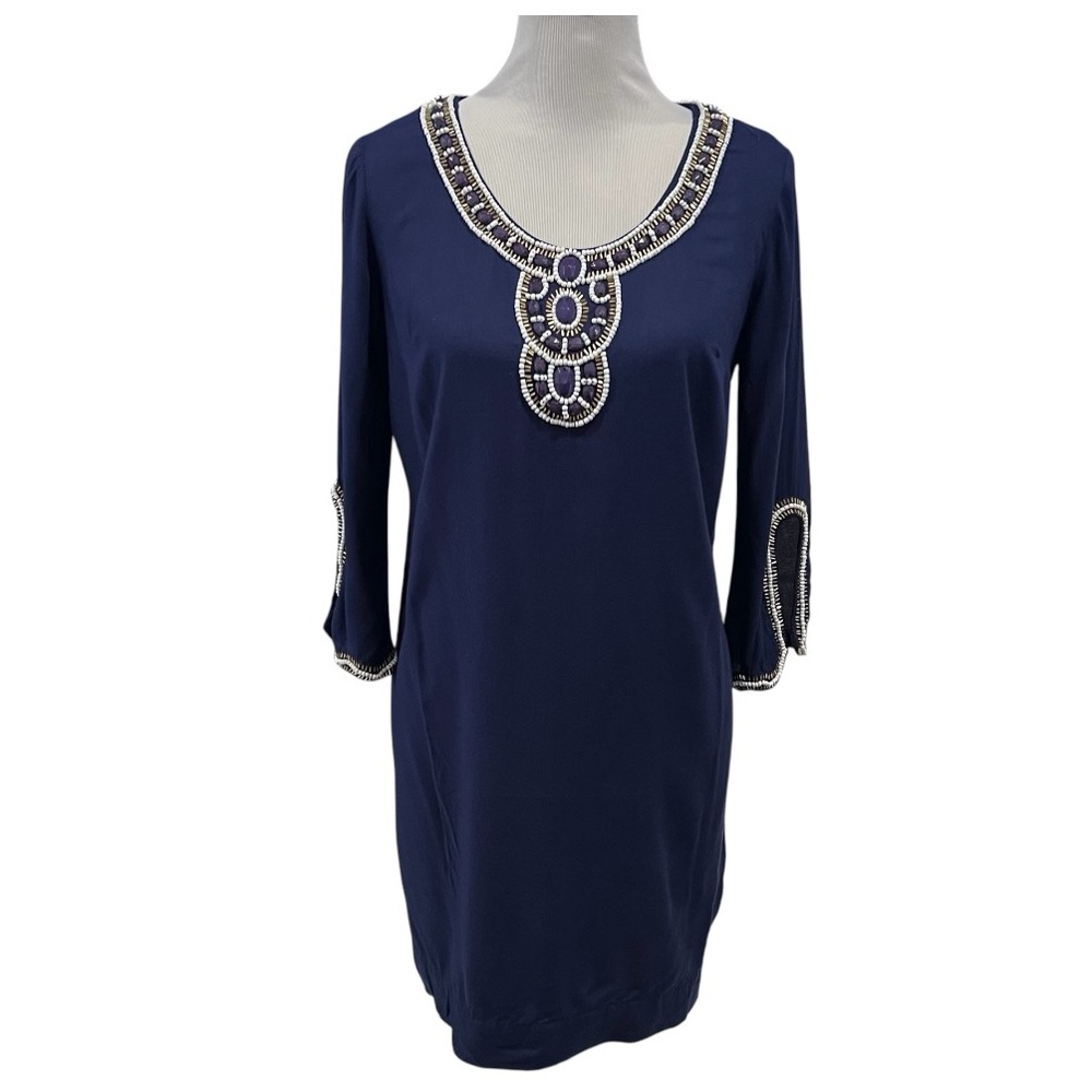 Lilly Pulitzer Sarah True Navy Beaded Embellished Tunic 3/4 Sleeve Dress NWT